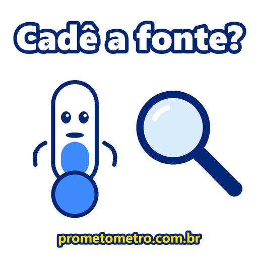 O mascote do Prometômetro, um termômetro com rosto, ao lado de uma lupa, com a frase: Cadê a fonte?