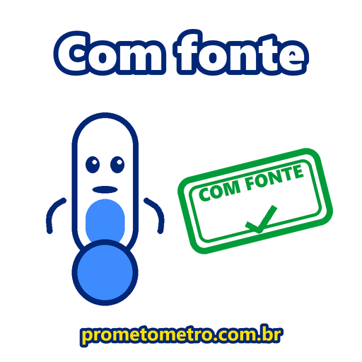 O mascote do Prometômetro ao lado de um carimbo verde escrito COM FONTE, com a frase: Com fonte