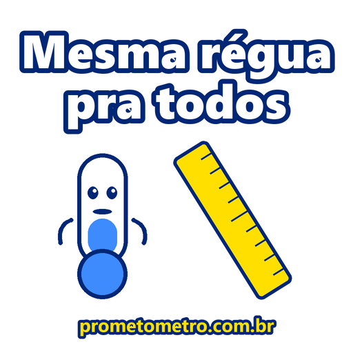 O mascote do Prometômetro ao lado de uma régua, com a frase: Mesma régua pra todos
